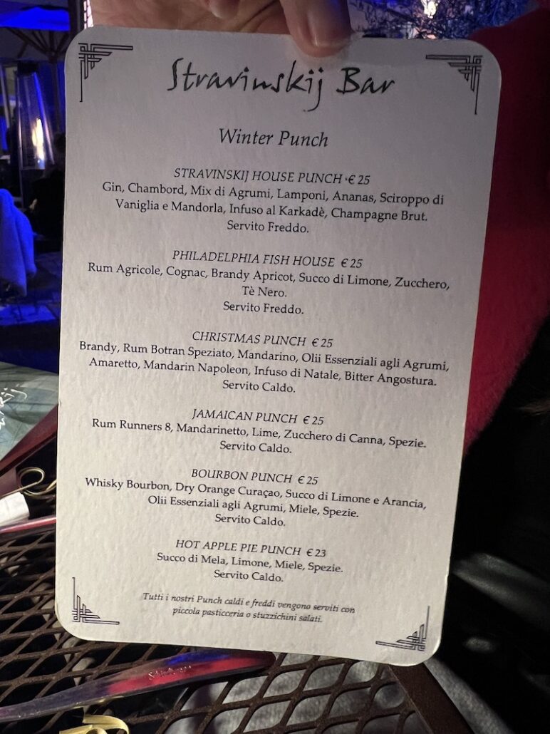 Il menu del Winter Punch Bar